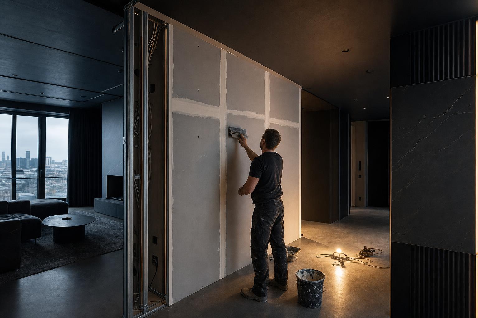 Trockenbau Essen – Ständerwand mit Gipskartonplatten wird verspachtelt Trockenbau Essen – Ständerwand mit Gipskartonplatten wird verspachtelt